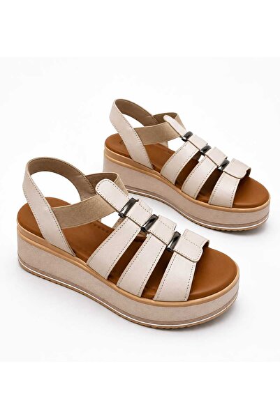 AYAKKABİSEPETİ Beige Genuine Leather Women's Sandals