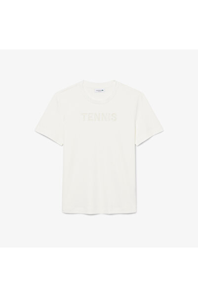 Lacoste Kadın Regular Fit Bisiklet Yaka Baskılı Beyaz T-Shirt