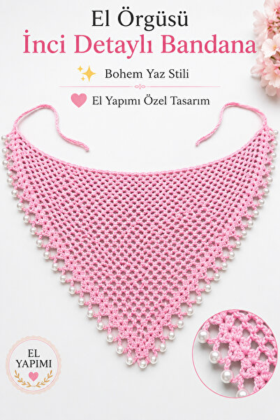 NEHOLİA Hand Knitted Pearl Detailed Women's Hair Bandana Pink Bohemian Summer...