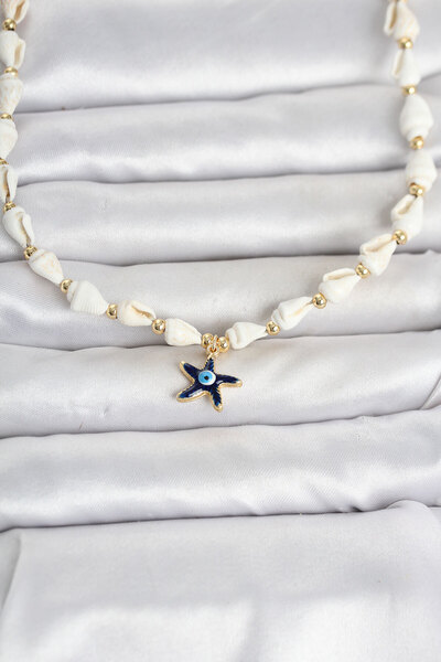 Lisinya Natural Sea Shell Stringed Blue Star Eye Model Necklace -