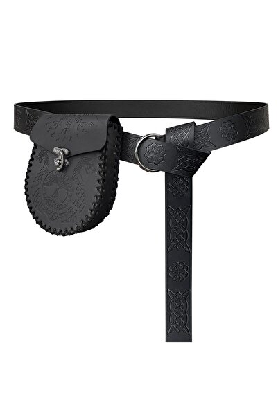 OEM Curea medievală cu inel O și borsetă din imitație de piele, set LARP - Negru