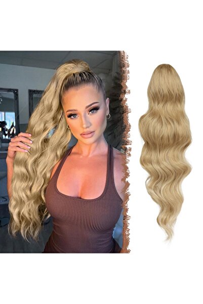 OEM Extensie de păr tip coadă de cal, sintetică, blond mixt, ondulată și creț...