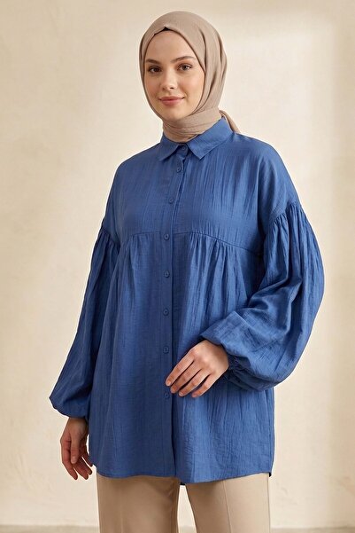 TOFİSA Pile Detaylı Çilek Tunik Indigo - 1319-INDIGO