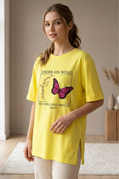 TOFİSA Printed Short Sleeve Tunic with Slits - 1314-Yellow