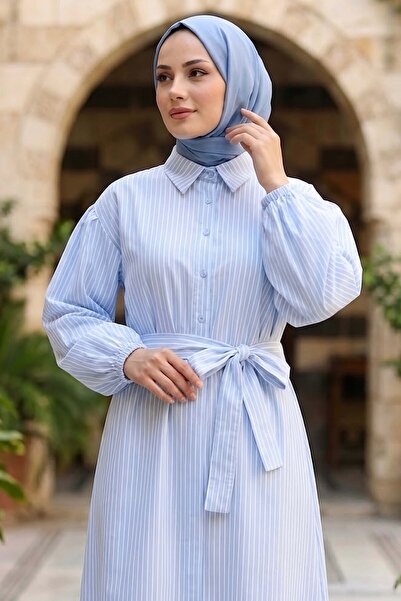 TOFİSA Çizgili Lastik Detaylı Elbise Bebe Mavi - 1331-BEBE-MAVI