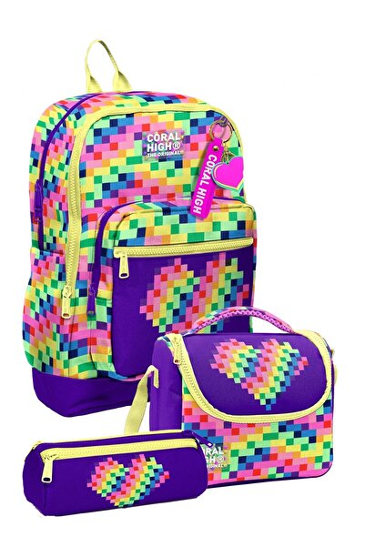 Coral High Set de genți școlare pentru fete, mov, cu model de inimioare pixel...