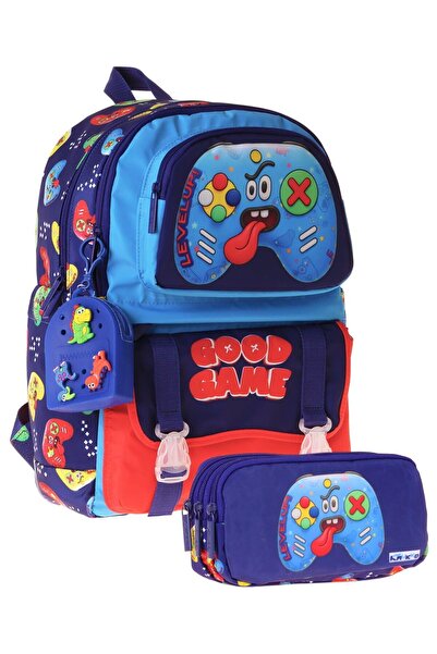 KAUKKO Kids Good Game Navy Blue - Red Boys' Primary School Backpack and Penci...