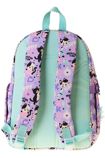 KAUKKO Kids Kız Çocuk Mor Kedi Desenli Okul Çantası - Yeşil - Mor - Meow - L5288