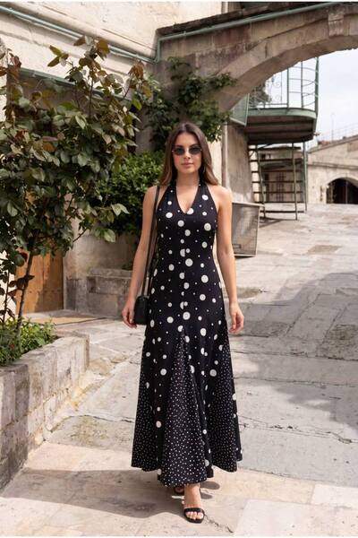 KENZA'A TRİKO Parted Polka Dot Backless Dress