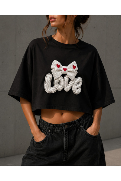 NUATEX Tricou alb crop oversize pentru femei, cu imprimeu Love și fundiță dră...