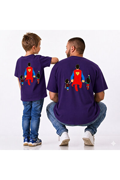 VODEXA تي شيرت كبير الحجم للأب والطفل مطبوع عليه SUPER DAD (يُباع بشكل فردي)