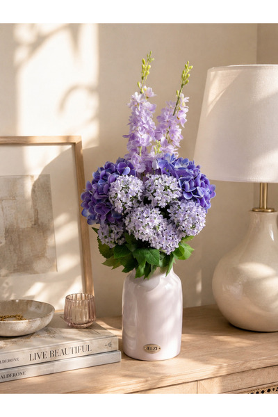 ELZI ATÖLYE Lila ve Mor Ortanca Delphinium Yapay Çiçek Buketi 60 cm
