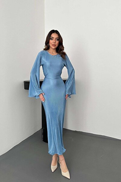 Caddebostan Moda İspanyol Kol Detaylı Piliseli Uzun Elbise Şık Abiye