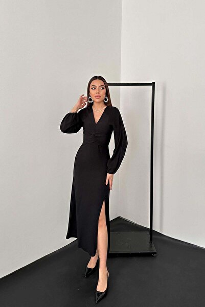 Caddebostan Moda فستان ميدي من الكريب بأكمام طويلة وياقة على شكل حرف V وفتحة ...