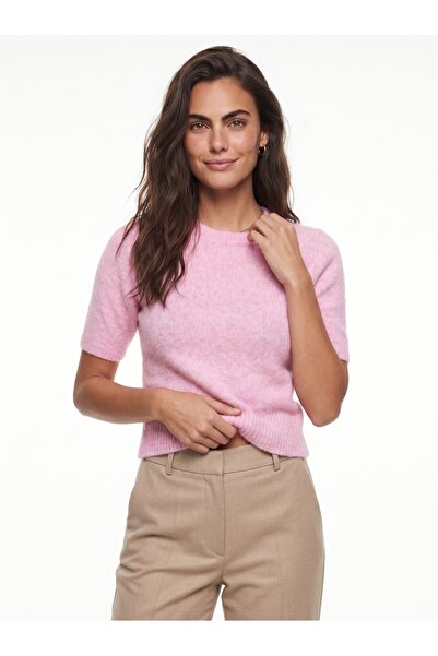 ONLOOX Pink Wool Blend Crew Neck Short Sleeve Soft Textured Basic Knitted Swe...