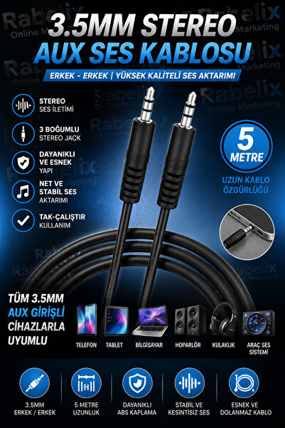 Rabelix Online Marketing 5 Metre 3.5mm Erkek Erkek Stereo AUX Ses Kablosu Siy...
