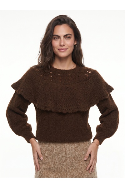 ONLOOX Bitter Brown Soft Textured Balloon Sleeve Openwork Detailed Ruffled Ri...