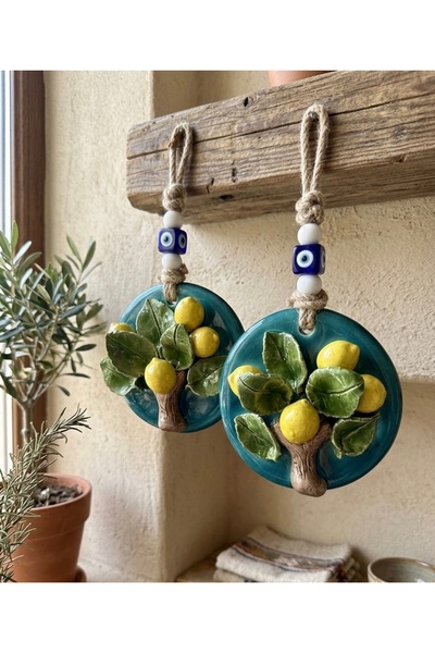 Ahşap Evi 2’Li El Yapımı 10 cm Seramik Limon Ağacı Duvar Süsü-Dekoratif Hediy...