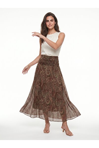 ONLOOX Coffee Green Chiffon Fabric High Waist Maxi Length Lined Gathered Deta...