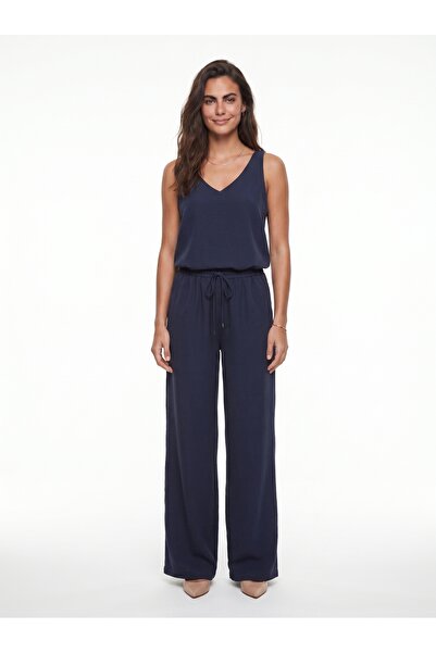 ONLOOX Navy Blue Cotton V-Neck Strap Blouse Wide Leg Palazzo Pants Top and Bo...