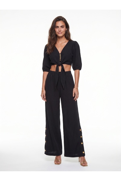 ONLOOX Black Cotton Blouse with Tie Detail and Lined Buttoned Cuffs Pants Bot...