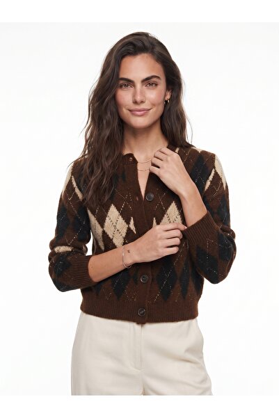 ONLOOX Brown Acrylic Blended Crew Neck Standard Fit Argyle Pattern Buttoned C...