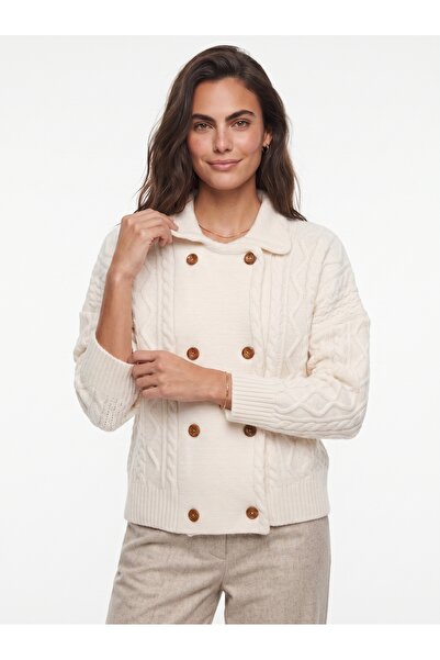 ONLOOX Cream Soft Textured Shirt Collar Double-Breasted Closure Hair Braid De...