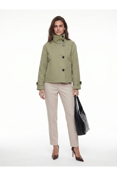 ONLOOX Khaki Polyester Woven Stand Collar Modern Cut Lined Short Trench Coat ...