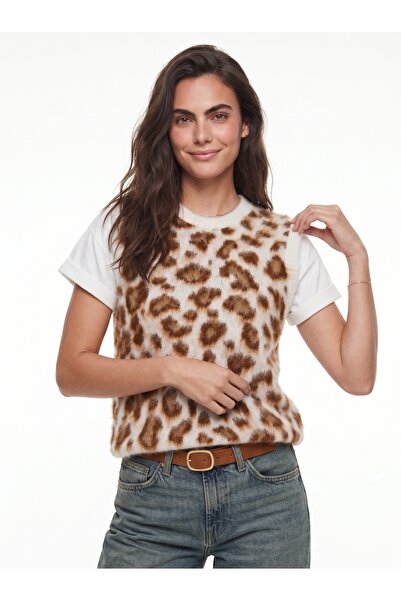 ONLOOX Ecru Brown Shaded Acrylic Blend Crew Neck Leopard Patterned Standard F...