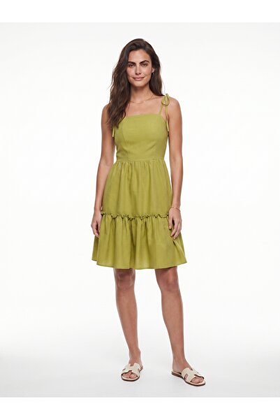 ONLOOX Pistachio Green Cotton Viscose Blend Thin Strap Layered Form Dress wit...