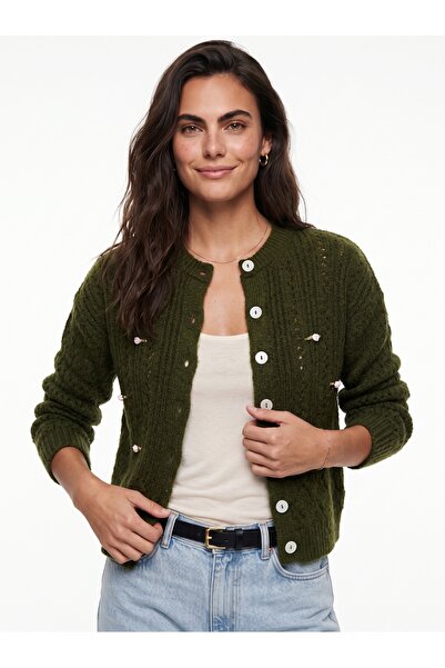 ONLOOX Forest Green Flexible Knitwear Textured Crew Neck Openwork Floral Deta...