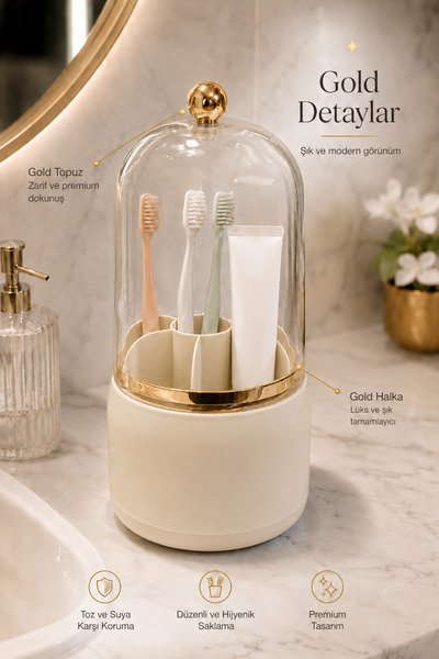 Poomy 7 Bölmeli Kapaklı Diş Fırçalık Gold Detaylı Banyo Düzenleyici Organizer