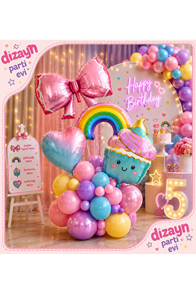 Dizayn Parti Evi Pastel Renkli Kız Çocuğu Doğum Günü Balon Seti Pembe Fiyonk ...