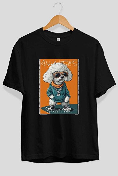 Ankhises For the Love of Dogs 44 Dog Printed Black Oversize T-Shirt 100% Cott...