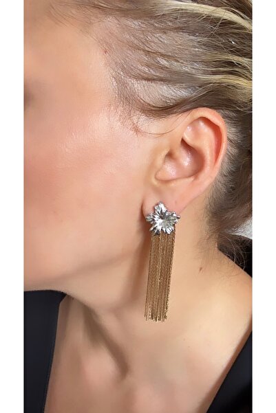 VNS Accessories Silver Flower Detail Gold Tassel Earrings (6.5 cm)
