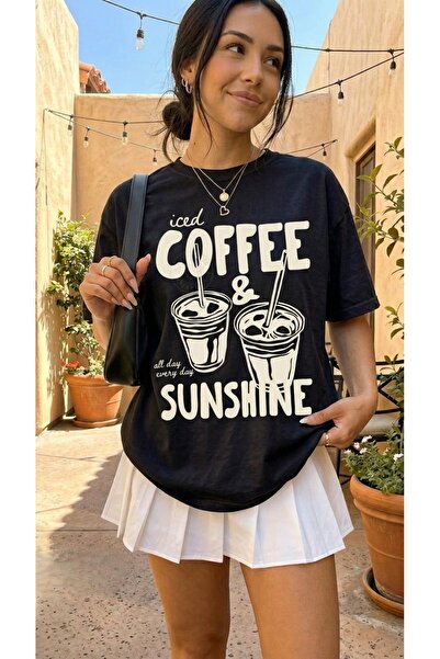EFFRENATU تي شيرت نسائي أبيض كبير الحجم مطبوع عليه Iced Coffee & Sunshine، مص...