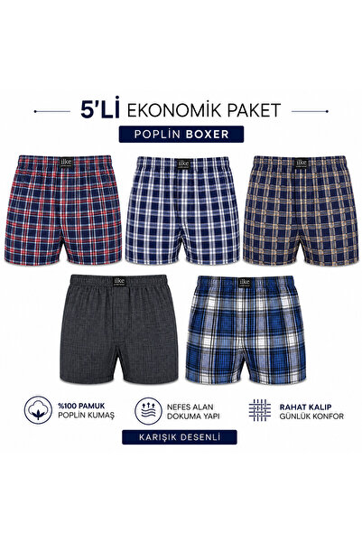 İlke Erkek Poplin Boxer 5’li Paket Karışık Desenli Pamuklu Dokuma Kumaş Rahat...