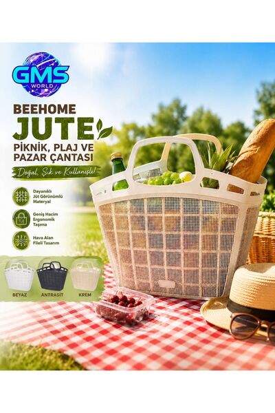 GMS WORLD BEEHOME JUTE PİKNİK PLAJ VE PAZAR ÇANTASI 44x24x31