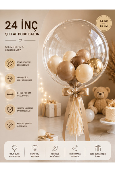 eğlencemarketi 24 İnç Şeffaf Bobo Balon 60 CM PVC Bubble Balon Doğum Günü Par...