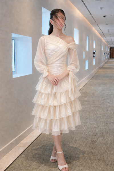 Calissa Store Beige Dress with Ruffles and Transparent Sleeves