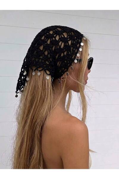 Valento BOHO KADIN SİYAH PULLU ÖRGÜ SAÇ BANDANA