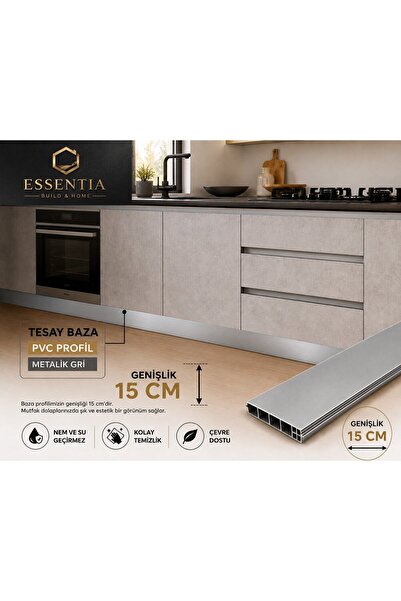 ESBH Tesay PVC Baza Profili 15 cm Metalik Gri 80 cm – Mutfak Dolabı Süpürgeli...