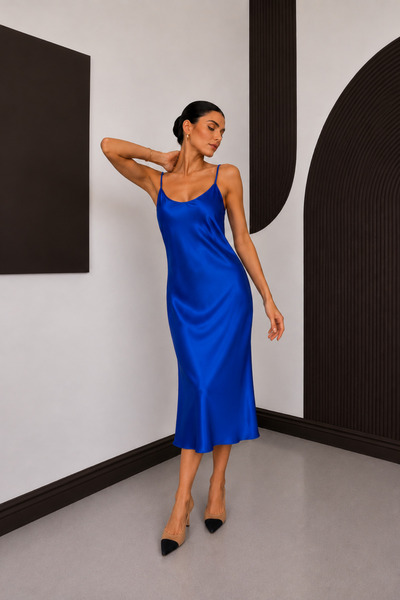 Asfaha Fashion Women's Navy Blue Thin Strap Satin Midi Dress