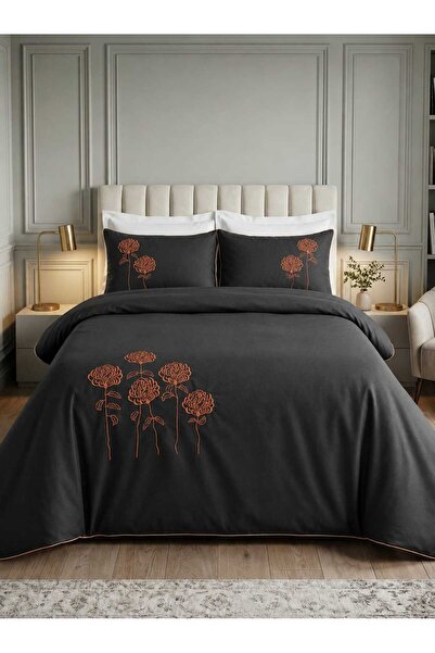 İK TEKSTİL Azalea Flower Embroidered, Ribbed and 100% Cotton 6-Piece Anthraci...