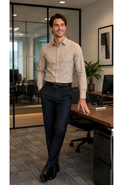 GÖMLEK GALERİSİ Men's Classic Wide Cut Straight Oxford Long Sleeve Shirt