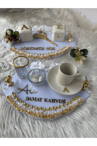 CatplexBoutique Söz Tepsisi - Kişiye Özel 2'li Nişan Tepsisi Damat Kahvesi Te...