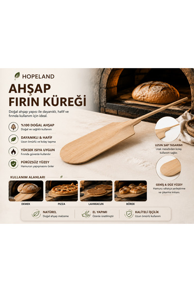 Hopeland Profesyonel Ahşap Fırın Küreği Uzun Saplı Pizza, Ekmek ve Lahmacun K...