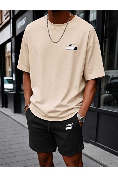 LOTS MODA Men's Oversize Paris Printed Shorts T-Shirt Set Comfortable Fit Sum...
