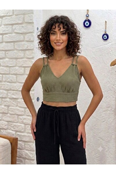MELTEM COLLECTION ÇİFT ASKI DETAYLI MÜSLİN CROP