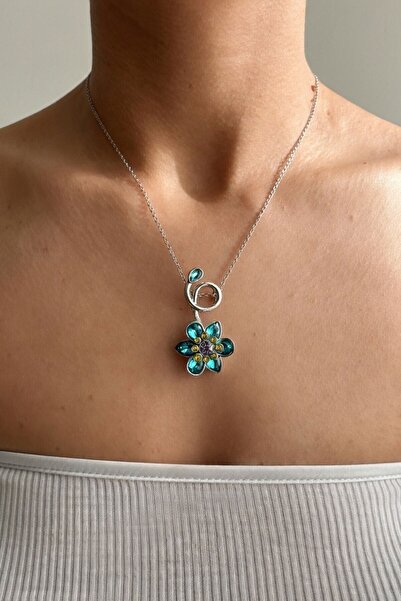 bacc Turquoise Spiral and Stone Detailed Flower Figured Silver Chain Necklace